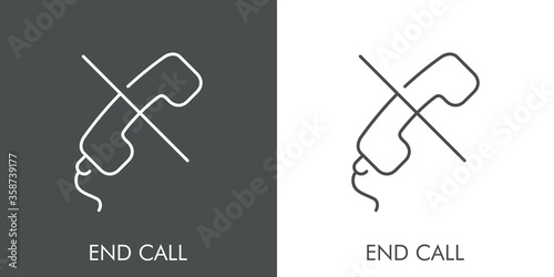 Icono plano lineal texto end call con auricular de teléfono con raya en fondo gris y fondo blanco