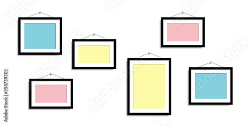Set Empty frames for photos or pictures hanging on the wall. Frame for family photos. Vector mock up. blank frame art gallery.