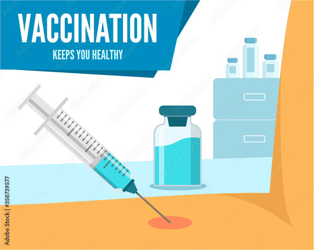 Vaccination Poster. Keep your health. A syringe puts an injection into a person s hand. Vector illustration, flat style. Isolated on white background.