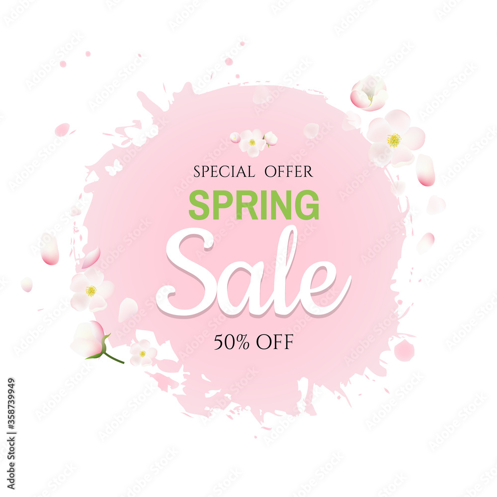 Pink Stain With Flowers Sale Banner With Gradient Mesh, Vector Illustration.