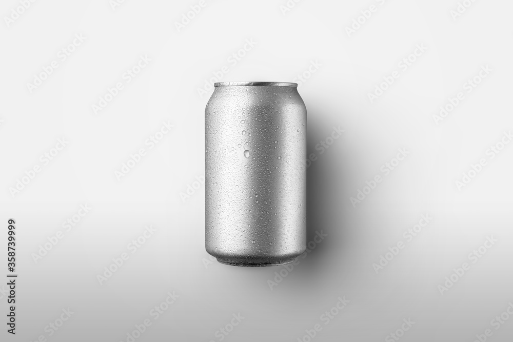 A template of a cylindrical aluminum can with a refreshing drink and drops of water, located on a white background. - obrazy, fototapety, plakaty 