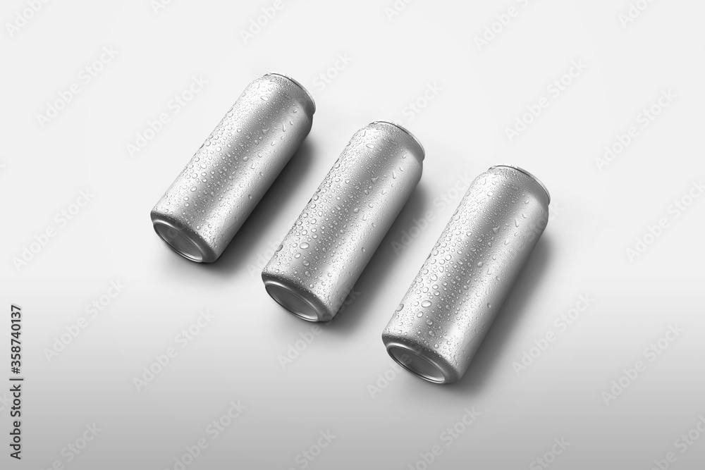 Fototapeta premium Mockup of large aluminum packaging for alcohol or tonic with condensate and drops of water, for the presentation of design, pattern and label.