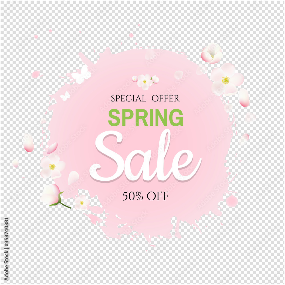 Pink Stain With Flowers Sale Banner Transparent Background With Gradient Mesh, Vector Illustration