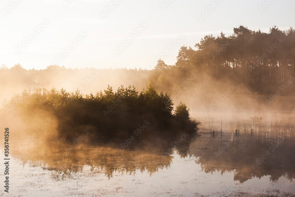 Beautiful golden foggy polish lake with small island, forest in the background on a sunny sunset / sunrise