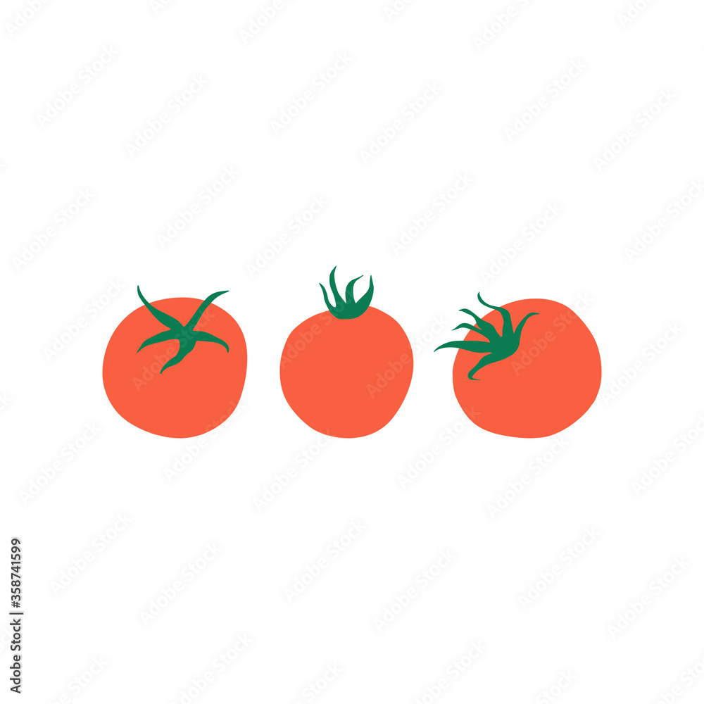 Three flat tomatoes on the white background food illustration. Color tomato logo design Three flat tomatoes on the white background food illustration. Color tomato logo design