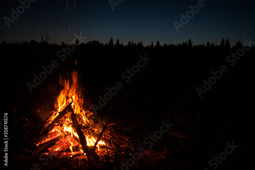 Warm bright bonfire / fireplace on the summer / spring night at the polish lake in the forest