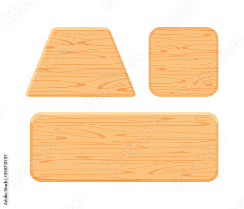 wooden plank different collection isolated on white background, trapezoid wood shape, wooden square, horizontal wood shaped plank light brown, wooden panel for sign decoration