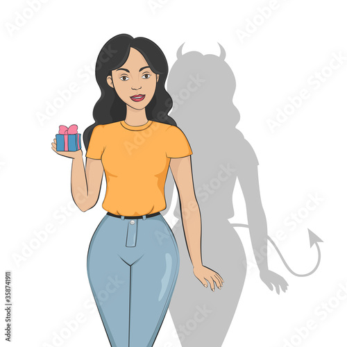 Woman with devil shadow. Vector illustration.