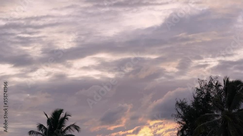 Slow moving clouds on a windy monsoon day. Real time clip of clouds in the sky during sunset. Trees swaying in the breeze