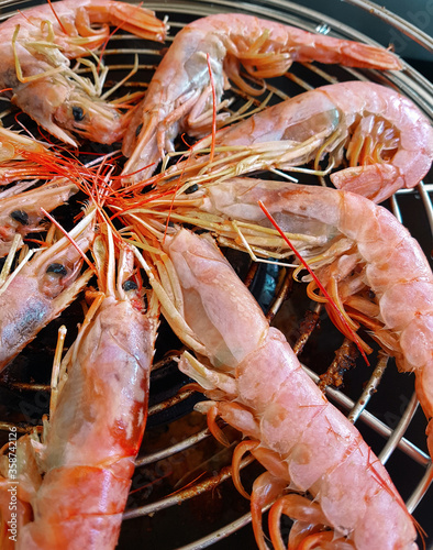 Giant shrimps on a grill close up