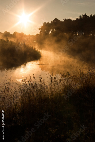 Beautiful golden foggy polish lake with small island, forest in the background on a sunny sunset / sunrise