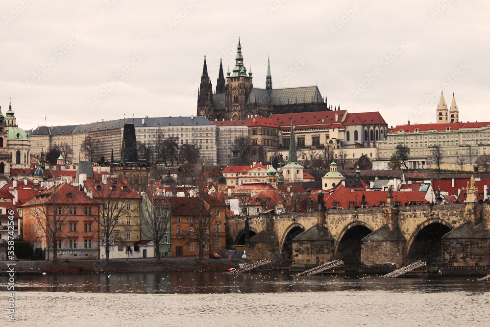 Scenic view of Prague city, Prague castle and Charles bridge