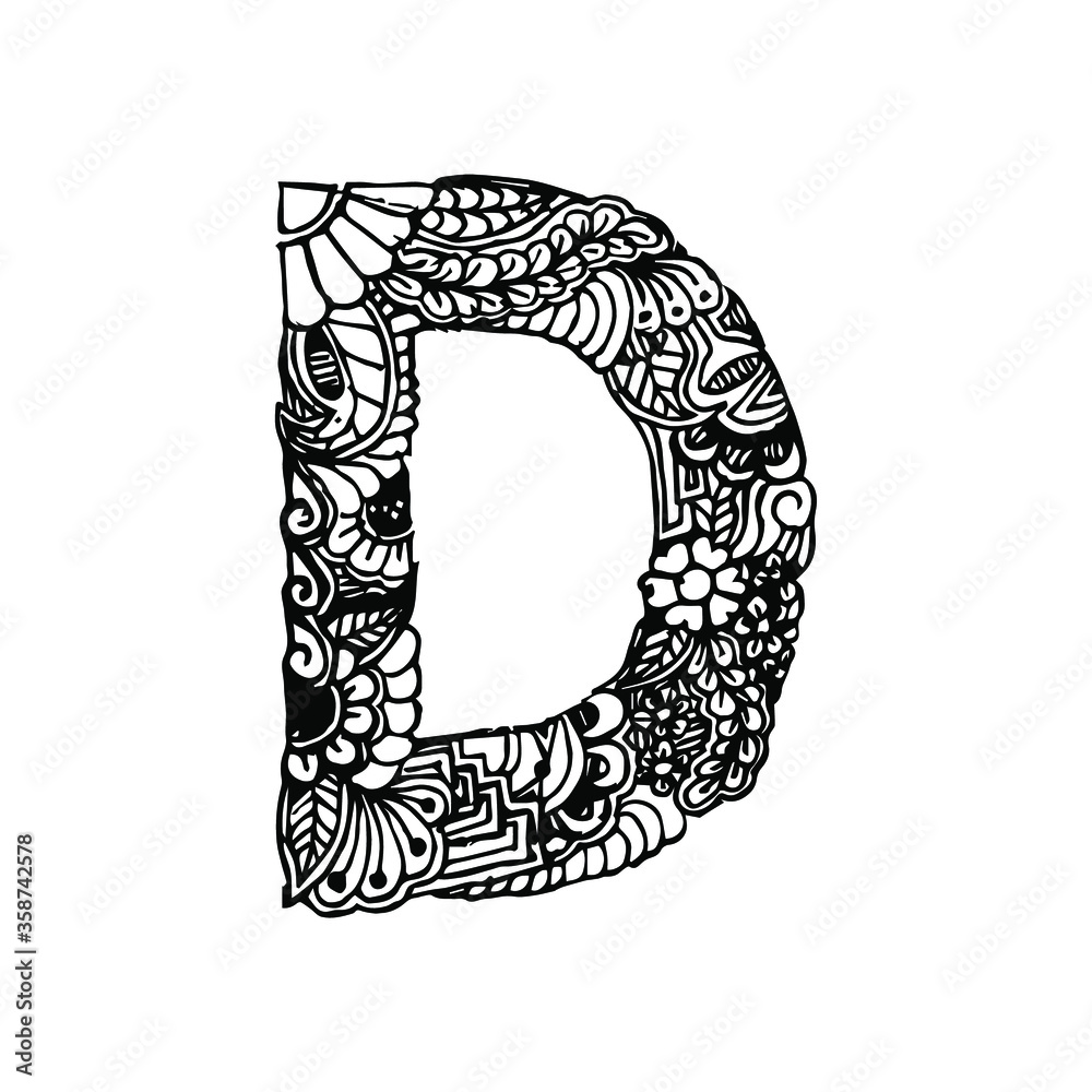 Zentangle stylized alphabet. Letter D in doodle style. Hand drawn ...