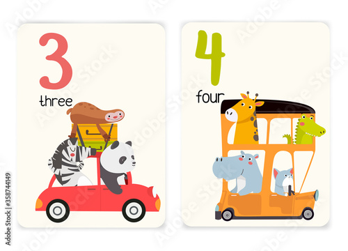 Baby learning cards with animals. Number three with panda, zebra, sloth. Cute animals traveling by car. Number four with giraffe, alligator, cat, hippopotamus. Cute animals traveling by car.