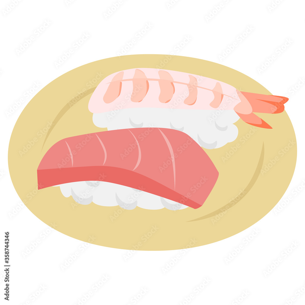 お皿に乗ってるマグロと茹でた海老の握り寿司のイラスト Stock Vector Adobe Stock
