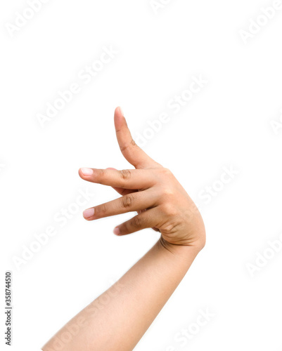  a hand holding something like a bottle or smartphone on white backgrounds, isolated
