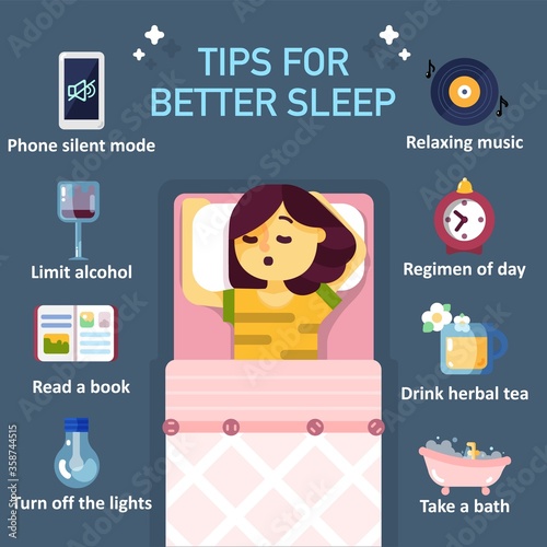 Eight tips to better sleep at night infographics. Vector flat style design illustration of sleeping girl in center and useful advices for better sleep around her.