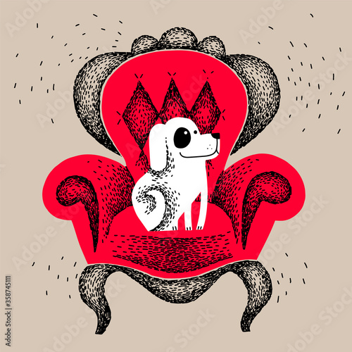 white color dog is sitting in red vintage antique armchair dog rest on chair, took the masters place. Handmade cartoon flat vector illustration.