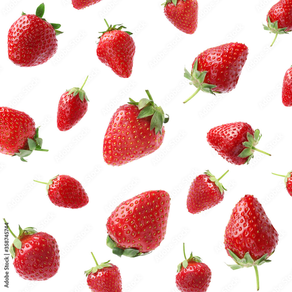 Set with ripe strawberries falling on white background Set with ripe strawberries falling on white background