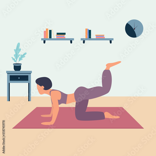 Home workout during quarantine. Woman doing sport at home, pumps up the press and legs by exercise. Vector of fitness workout, training, sports activity. Gym at home.