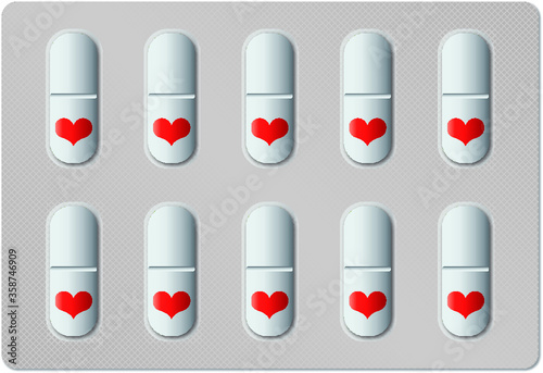 Silver grey blister pack with ten white pills with a red heart drawn