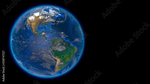 Beautiful planet Earth in space against the black background. Flying over the earth s surface. America. 3d rendering. Elements of this video furnished by NASA.