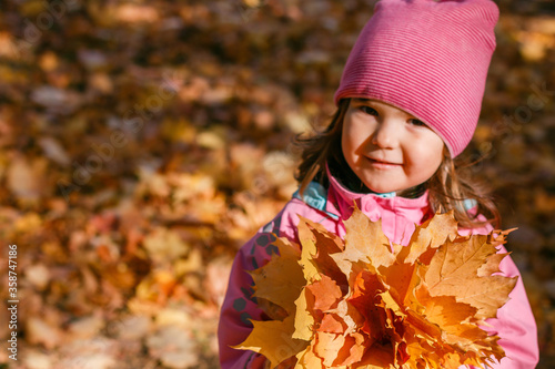 Outdoor portrait of cute girl 3-4 years old playing in the leaves. Happy beautiful little girl in pink hat and jacket collects maple leaves in the Park or forest. Indian summer.
