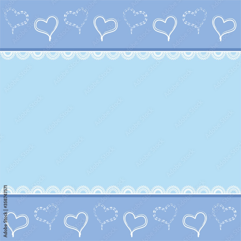 Background with hearts and openwork division of space in light blue tones. In the center is a large space for text. Pink texture for cards, creative, design for children. Background with hearts and openwork division of space in light blue tones. In the center is a large space for text. Pink texture for cards, creative, design for children.