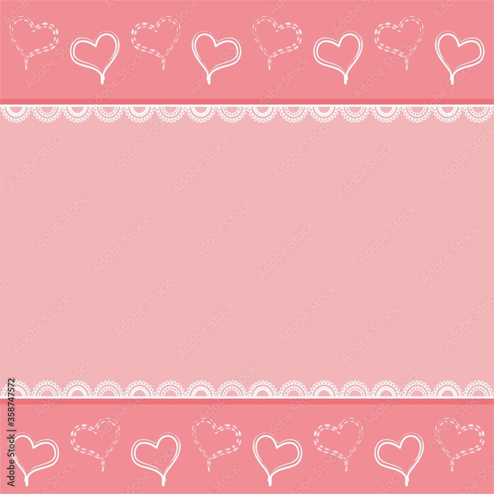 Background with hearts and openwork separation of space in pink colors. In the center is a large space for text. Pink texture for cards, creative, design for children.