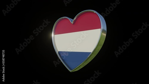 Flag of the Netherlands informally Holland in the shape of 3D heart. Metallic heart with glass and relief elements of the country flag. Animation with alpha channel.