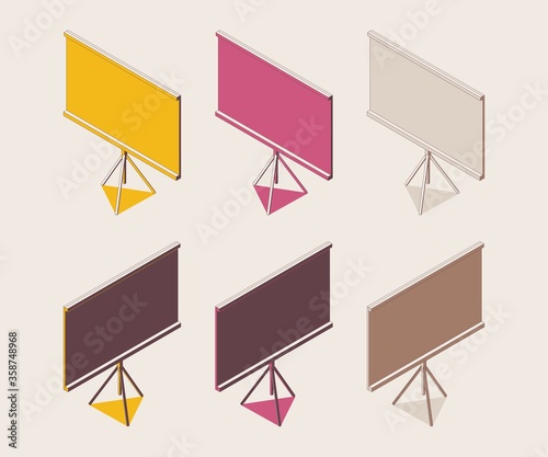 Isometric outline full color set projector screen in various foreshortening in pink and yellow