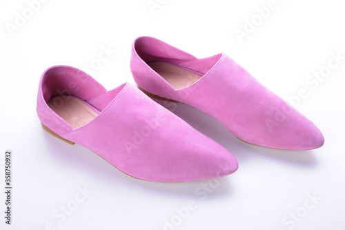 pink shoes on a white background, mule suede, loafers, women's moccasins, flat, casual summer footwear, isolated