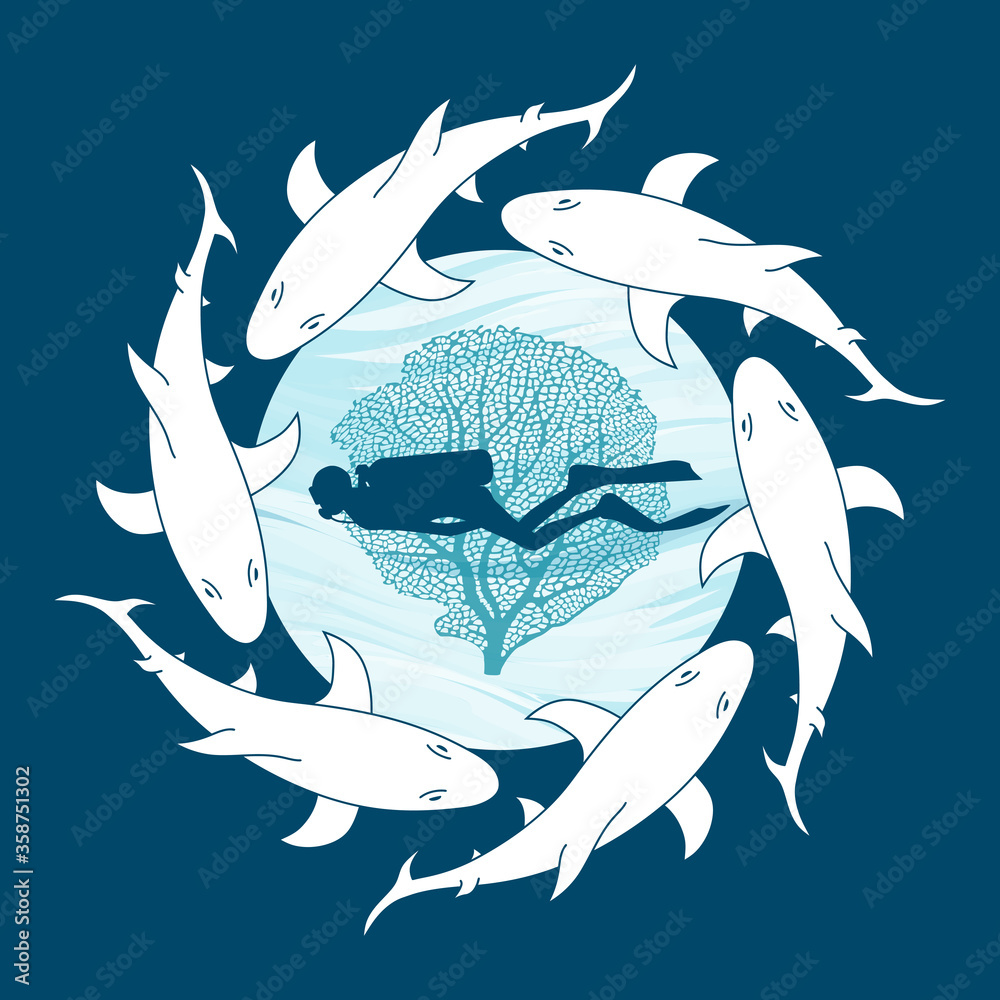 Logo blanc et bleu pour un club de plongée spécialisé dans les requins.