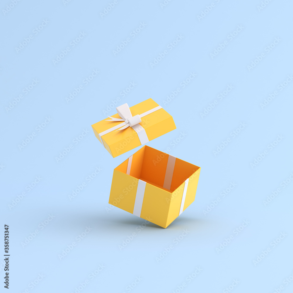 Mock up of open gift box on yellow background. 3D rendering.