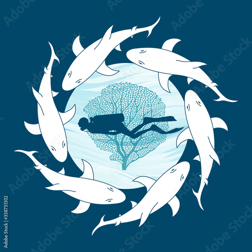 Logo blanc et bleu pour un club de plongée spécialisé dans les requins.