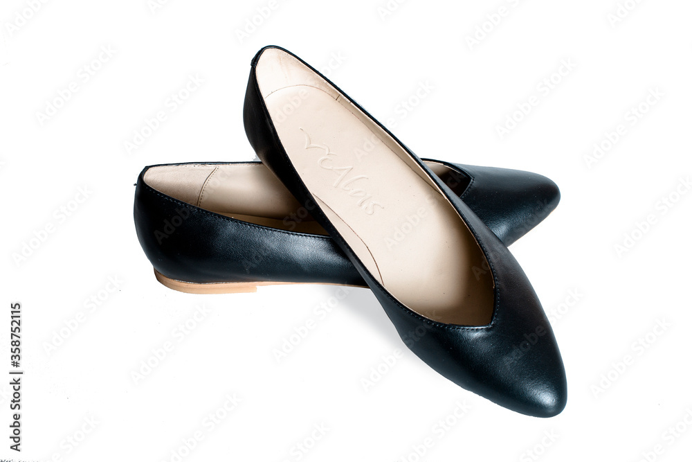 ballet shoes on a white background, black women’s flat shoes, classic, leather mules and loafers, leather substitute ballet shoes on a white background, black women’s flat shoes, classic, leather mules and loafers, leather substitute