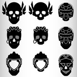 A set of nine skulls in the style of cyberpunk. Set for emblems or tattoos, cyborg skull. Nine emblems in the style of cyberpunk, skulls with implants.