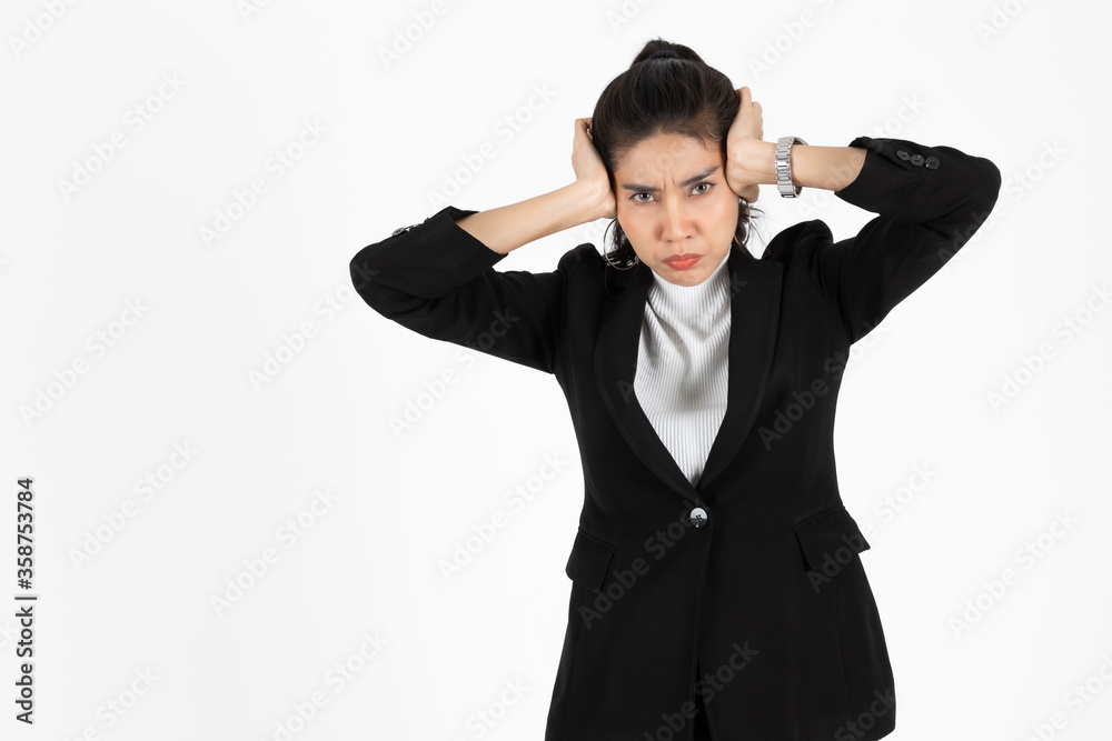 Stressed overworked and confused young Asian business woman in suit troubled with financial problem over white isolated background. Stressed overworked and confused young Asian business woman in suit troubled with financial problem over white isolated background.