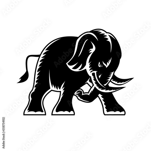 Angry Elephant Charging Attacking Side View Mascot Woodcut Black and White