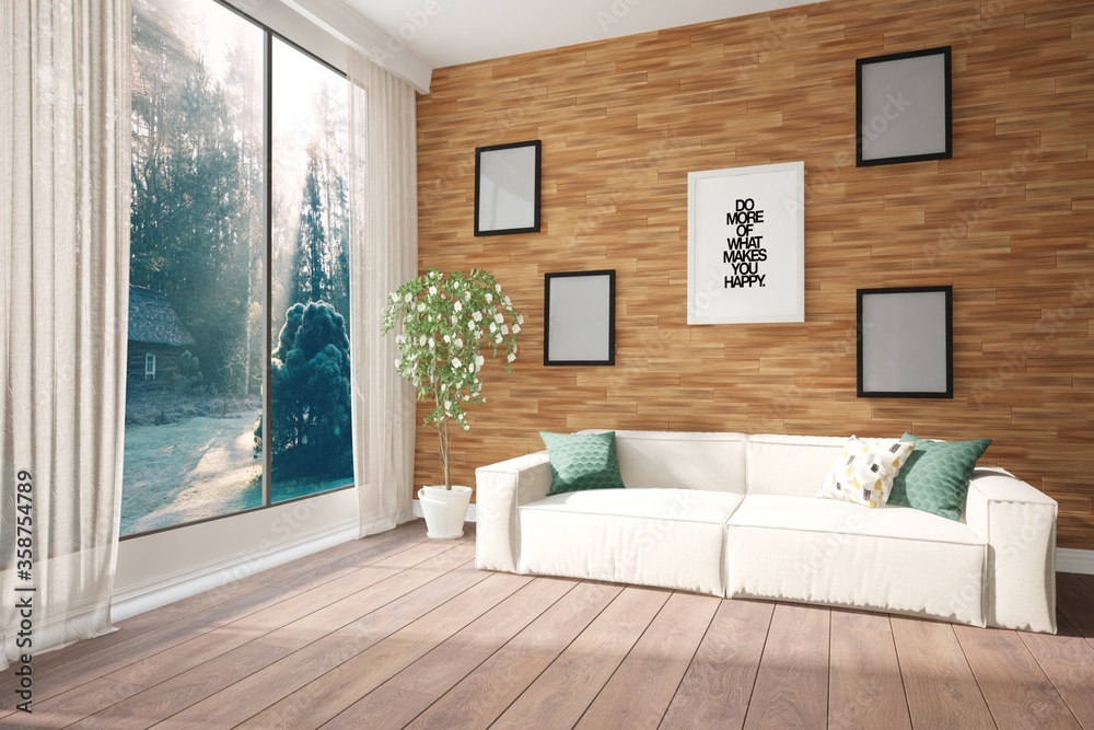 Fototapeta premium modern room with sofa,pillowsmframes,curtains and natural background in windows interior design. 3D illustration