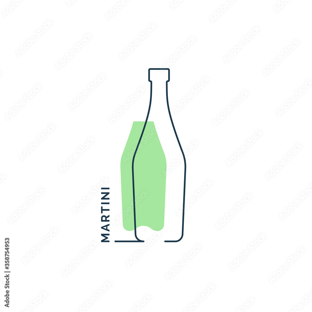 Bottle continuous line martini in linear style on white background. Black thin outline and green fill. Modern flat style graphic design. Logo element illustration. Contour drink symbol Bottle continuous line martini in linear style on white background. Black thin outline and green fill. Modern flat style graphic design. Logo element illustration. Contour drink symbol