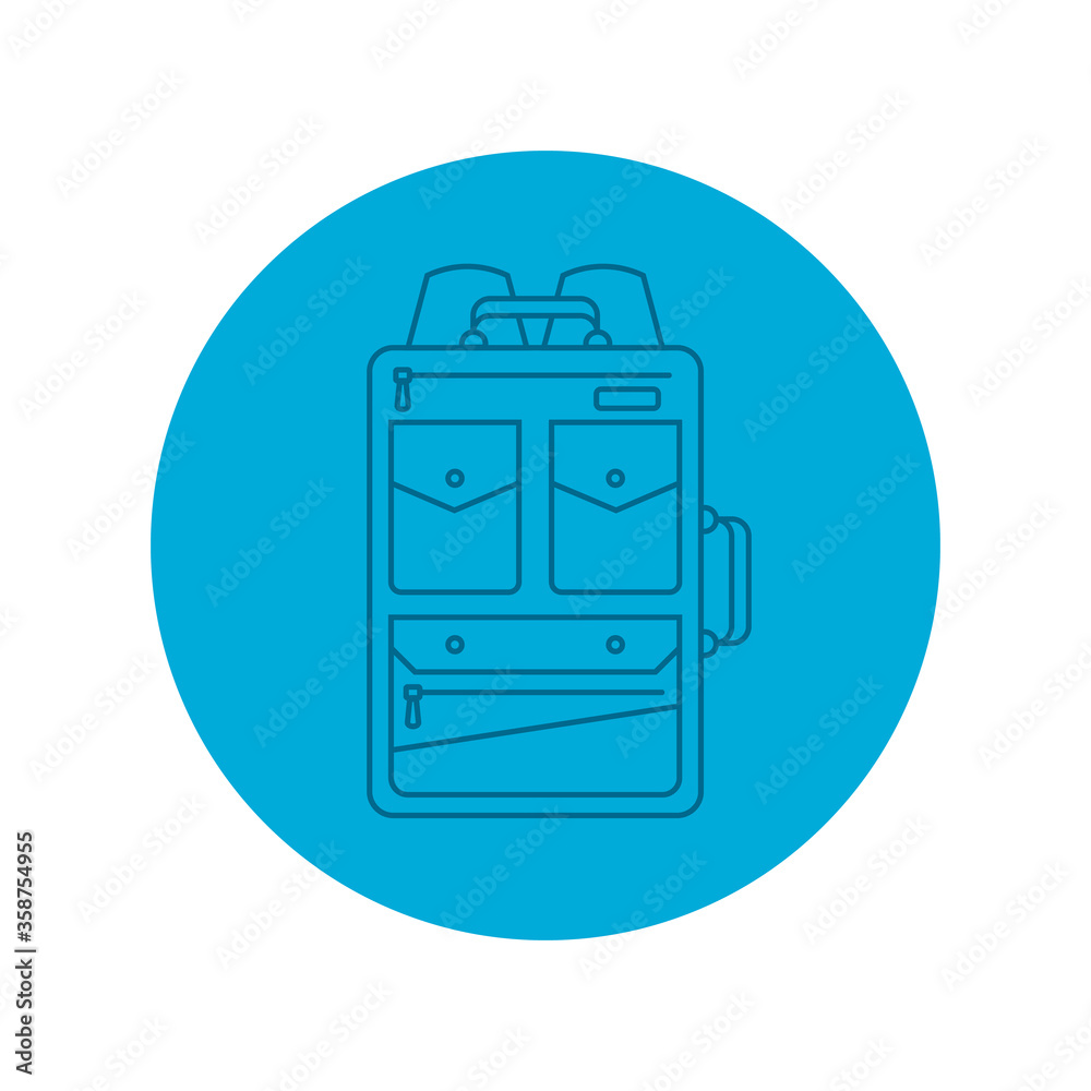 Rucksack or schoolbag with pockets and zipper element. Education and study backpack for students and traveling icon. Tourism bag. Front view. Flat line art illustration isolated on circle background Rucksack or schoolbag with pockets and zipper element. Education and study backpack for students and traveling icon. Tourism bag. Front view. Flat line art illustration isolated on circle background