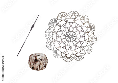 Watercolor hand draw illustration of crocheted doily, crochet hook and skein. Knitting and Crochet. Watercolor isolated on white background. Your handmade craft card, banner, poster design concept