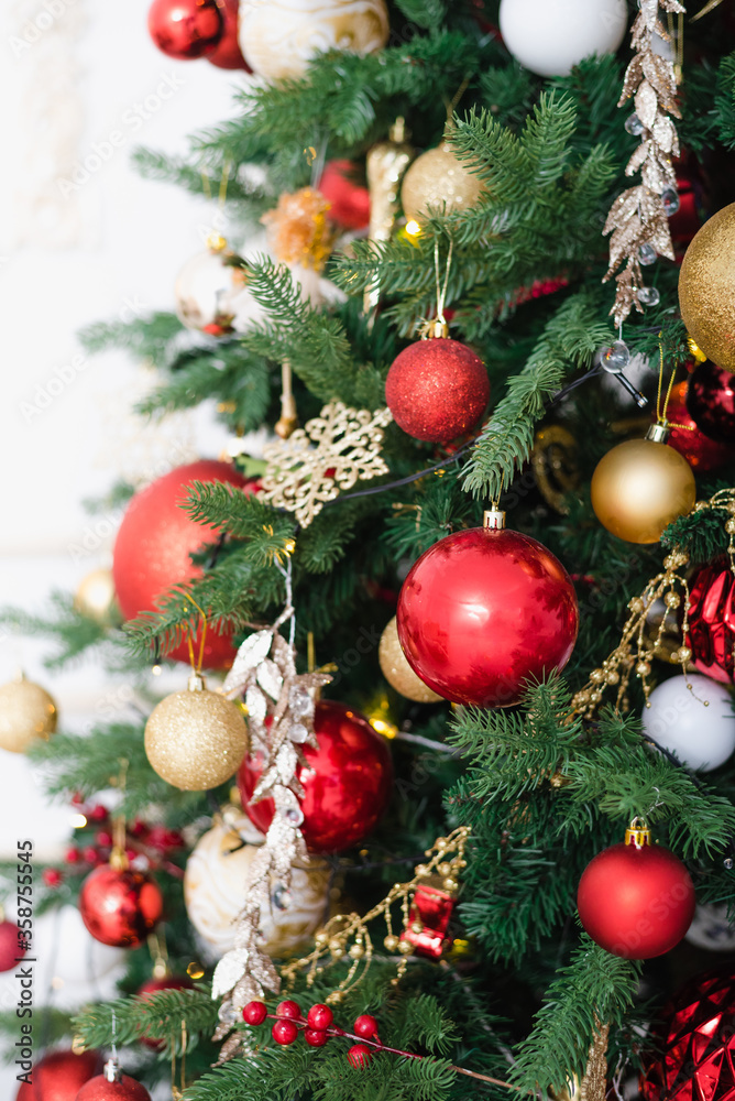 custom made wallpaper toronto digitaldecorated tree, Christmas decorations, red balls, new Year decoration