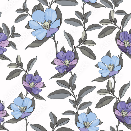 Chamernik seamless vector pattern on white background. Pattern of purple and blue flowers. Use for printing  textiles  designs  designs  flyers  greetings  websites  wallpapers and wrapping paper.