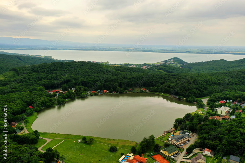 Aerial view of Lake Vinne in the village of Vinne in Slovakia