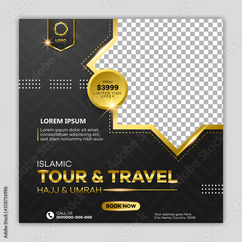 Luxury of islamic tour and travel social media template design. hajj and umrah promotion design in black and gold color. 