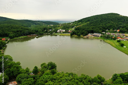 Aerial view of Lake Vinne in the village of Vinne in Slovakia