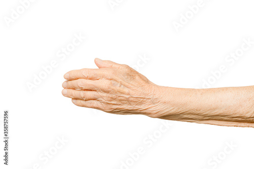 Old lady arm. Hand of elderly women on a white background