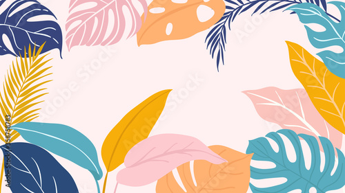 Abstract background vector with tropical leaves and floral line arts. Creative pattern with hand drawn shapes. Design background for social media post, cover, print and wallpaper